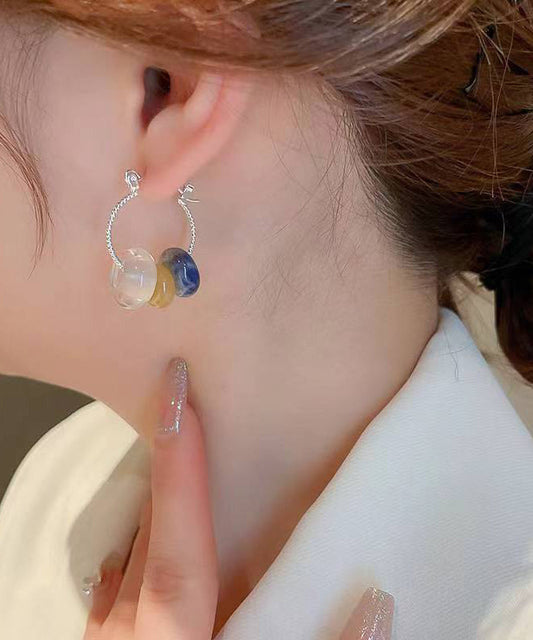 Women Multicolour Copper Gem Stone Glass Hoop Earrings KX1002